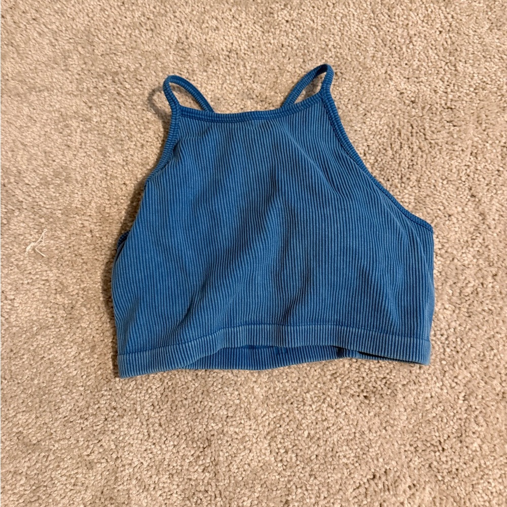 Blue Ribbed High Neck Crop Top